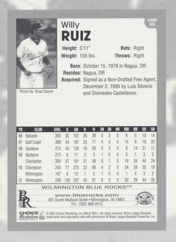 2002 Choice Wilmington Blue Rocks Early Edition Starting Lineup #05 Willy Ruiz Back