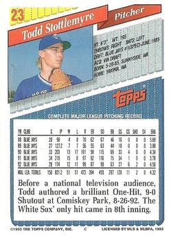 1993 Topps #23 Todd Stottlemyre Back