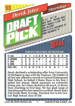 1993 Topps #98 Derek Jeter Back
