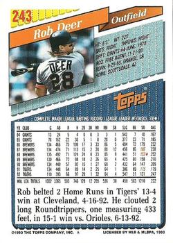 1993 Topps #243 Rob Deer Back