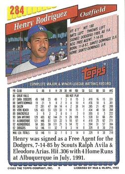 1993 Topps #284 Henry Rodriguez Back
