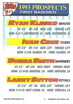 1993 Topps #423 Ryan Klesko / Ivan Cruz / Bubba Smith / Larry Sutton Back