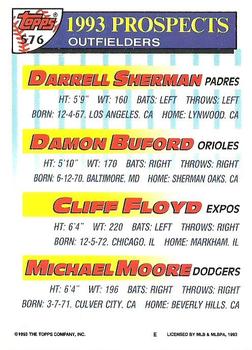 1993 Topps #576 Darrell Sherman / Damon Buford / Cliff Floyd / Michael Moore Back