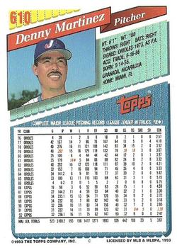 1993 Topps #610 Denny Martinez Back