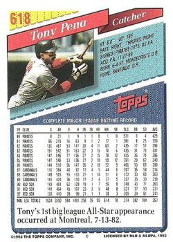 1993 Topps #618 Tony Pena Back