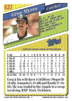 1993 Topps #637 Greg Myers Back