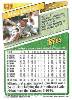 1993 Topps #639 Mike Bordick Back