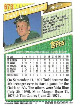 1993 Topps #673 Todd Van Poppel Back