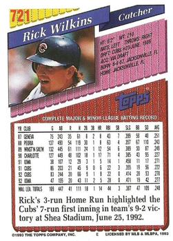 1993 Topps #721 Rick Wilkins Back