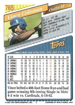 1993 Topps #765 Vince Coleman Back