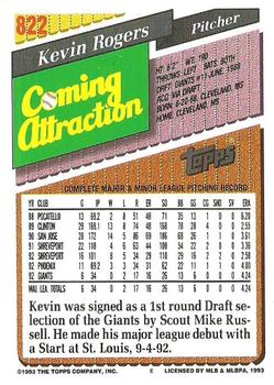 1993 Topps #822 Kevin Rogers Back
