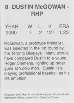 2000 High School Baseball All-Americans (Unlicensed) - Foil #8 Dustin McGowan Back