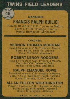 2022 Topps Heritage - 50th Anniversary Buybacks #49 Twins Field Leaders (Frank Quilici / Vern Morgan / Bob Rodgers / Ralph Rowe / Al Worthington) Back