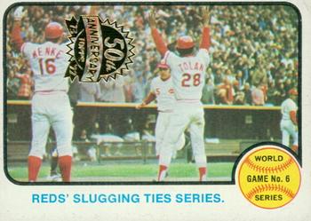 2022 Topps Heritage - 50th Anniversary Buybacks #208 World Series Game No. 6 - Reds' Slugging Ties Series. Front