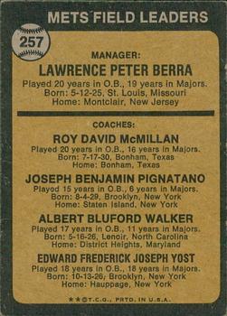 2022 Topps Heritage - 50th Anniversary Buybacks #257 Mets Field Leaders (Yogi Berra / Roy McMillan / Joe Pignatano / Rube Walker / Eddie Yost) Back