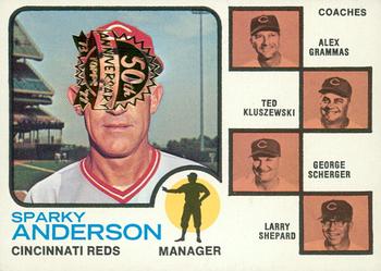 2022 Topps Heritage - 50th Anniversary Buybacks #296 Reds Field Leaders (Sparky Anderson / Alex Grammas / Ted Kluszewski / George Scherger / Larry Shepard) Front