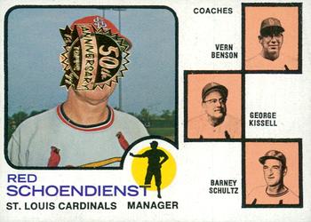 2022 Topps Heritage - 50th Anniversary Buybacks #497 Cardinals Field Leaders (Red Schoendienst / Vern Benson / George Kissell / Barney Schultz) Front