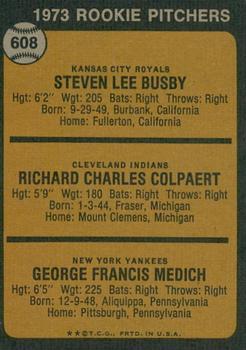 2022 Topps Heritage - 50th Anniversary Buybacks #608 1973 Rookie Pitchers (Steve Busby / Dick Colpaert / George Medich) Back