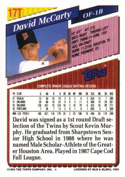 1993 Topps Traded #17T David McCarty Back