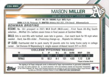 2021 Bowman Draft - Chrome Draft Pick Autographs #CDA-MMIL Mason Miller Back