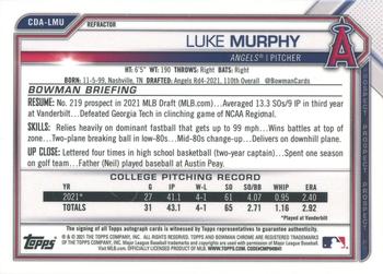 2021 Bowman Draft - Chrome Draft Pick Autographs Refractor #CDA-LMU Luke Murphy Back