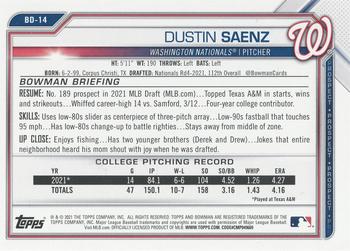 2021 Bowman Draft - Sky Blue #BD-14 Dustin Saenz Back