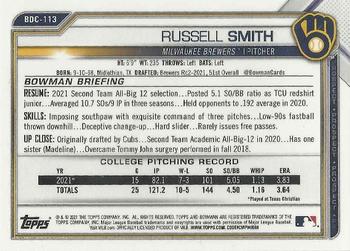 2021 Bowman Draft - Chrome #BDC-113 Russell Smith Back