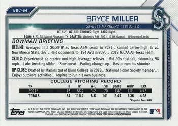 2021 Bowman Draft - Chrome Sparkle Refractor #BDC-64 Bryce Miller Back