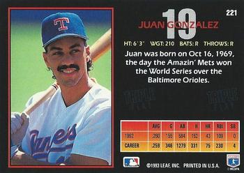 1993 Triple Play #221 Juan Gonzalez Back