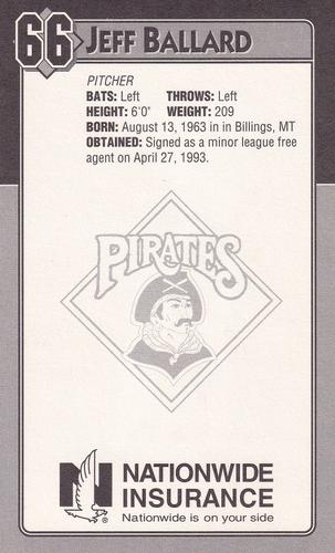 1994 Quintex Pittsburgh Pirates SGA - Nationwide Insurance Sponsor #NNO Jeff Ballard Back