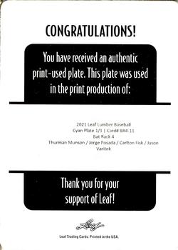 2021 Leaf Lumber - Bat Rack Quad Printing Plates Cyan #BR4-11 Thurman Munson / Jorge Posada / Carlton Fisk / Jason Varitek Back