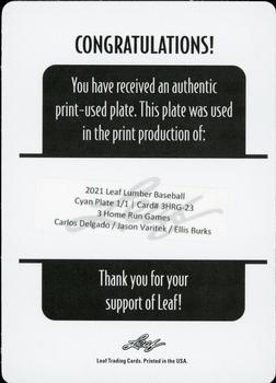 2021 Leaf Lumber - 3 Home Run Games Relics Printing Plate Cyan #3HRG-23 Carlos Delgado / Jason Varitek / Ellis Burks Back
