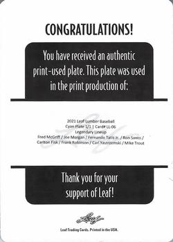 2021 Leaf Lumber - Legendary Lineup Printing Plates Cyan #LL-06 Fred McGriff / Joe Morgan / Fernando Tatis Jr. / Ron Santo / Carlton Fisk / Frank Robinson / Carl Yastrzemski / Mike Trout Back