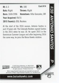 2016 Choice Boise Hawks #14 Antonio Santos Back
