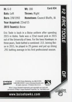 2016 Choice Boise Hawks #34 Eric Toole Back