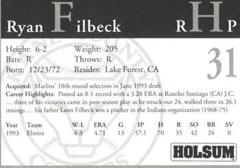 1994 Kane County Cougars #NNO Ryan Filbeck Back