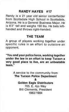 1984 Arizona Wildcats Police #NNO Randy Hayes Back
