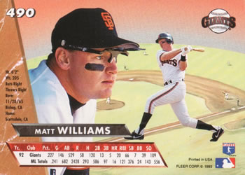 1993 Ultra #490 Matt Williams Back
