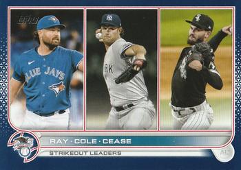 2022 Topps - Royal Blue #138 AL Strikeouts Leaders (Robbie Ray / Gerrit Cole / Dylan Cease) Front