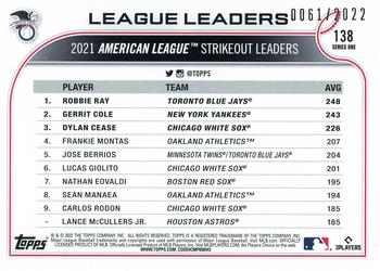 2022 Topps - Gold #138 AL Strikeouts Leaders (Robbie Ray / Gerrit Cole / Dylan Cease) Back