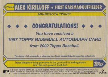 2022 Topps - 1987 Topps Baseball 35th Anniversary Autographs (Series One) #87BA-AK Alex Kirilloff Back