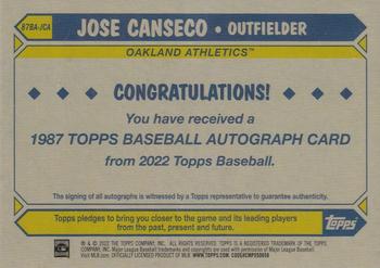 2022 Topps - 1987 Topps Baseball 35th Anniversary Autographs (Series One) #87BA-JCA Jose Canseco Back