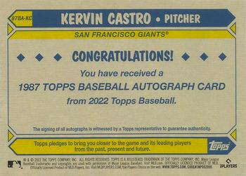 2022 Topps - 1987 Topps Baseball 35th Anniversary Autographs (Series One) #87BA-KC Kervin Castro Back