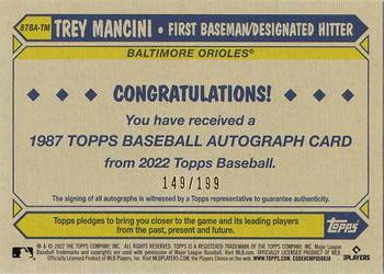 2022 Topps - 1987 Topps Baseball 35th Anniversary Autographs Black (Series One) #87BA-TM Trey Mancini Back