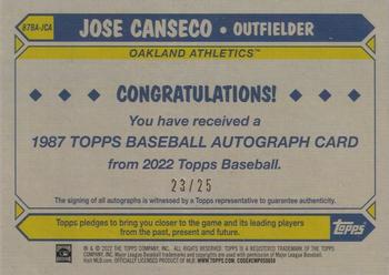 2022 Topps - 1987 Topps Baseball 35th Anniversary Autographs Red (Series One) #87BA-JCA Jose Canseco Back