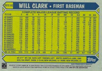 2022 Topps - 1987 Topps Baseball 35th Anniversary Chrome Silver Pack (Series One) #T87C-91 Will Clark Back