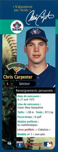 2000 Hit the Books Bookmarks Toronto Blue Jays #NNO Chris Carpenter Back