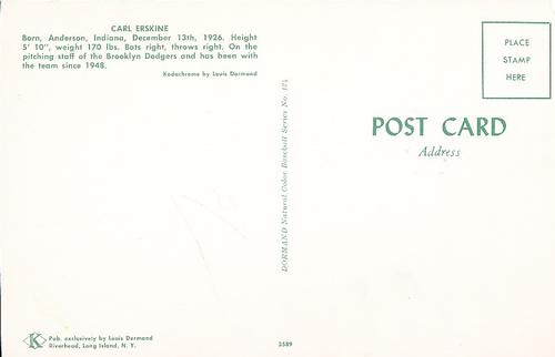 1953-55 Dormand Postcards #124 Carl Erskine Back