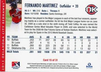 2013 Brandt Oklahoma City RedHawks #15 Fernando Martinez Back