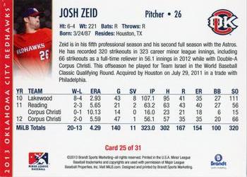 2013 Brandt Oklahoma City RedHawks #25 Josh Zeid Back